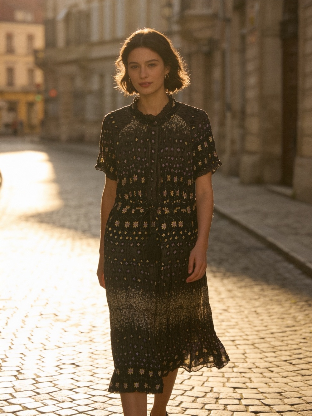 Free People Black Printed Short-Sleeve Midi Dress. Size Small